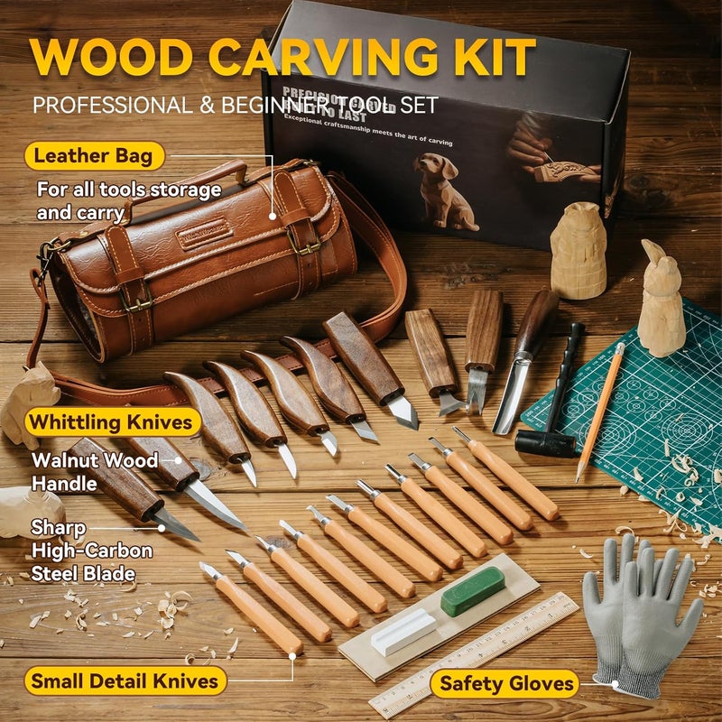 WishWeaver Wood Carving Kit, 44Pcs Wood Carving Tools Set with Thick Leather Storage Bag, Deluxe Wood Carving set, 10 Wood Carving Knives 11 Chisels 9 Blocks Whittling Kit for Beginners Enthusiasts Kids Gift DIY - Image 2